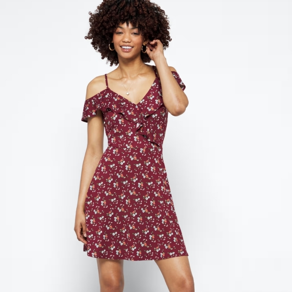 The General Good Mercedes Knit Cold Shoulder Burgundy Ditsy Floral Dress